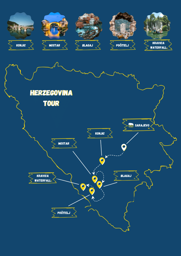 Route map for Old Bridge of Mostar and Four Pearls of Herzegovina